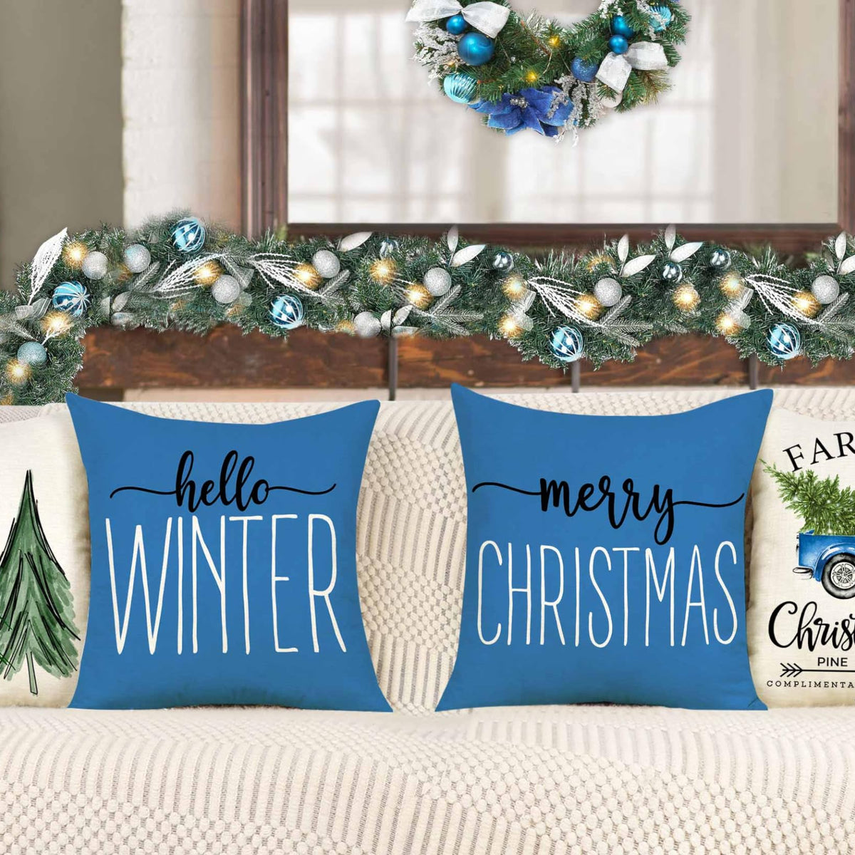 Blue Christmas Pillow Covers 18x18 Set of 4 Farmhouse Xmas Decorations Merry Christmas Tree Truck Hello Winter