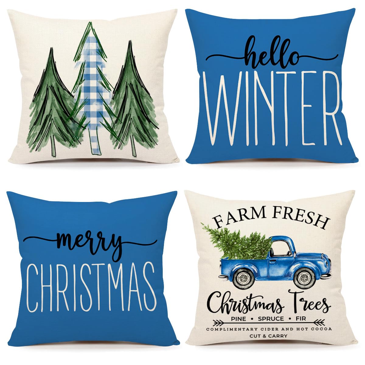 Blue Christmas Pillow Covers 18x18 Set of 4 Farmhouse Xmas Decorations Merry Christmas Tree Truck Hello Winter