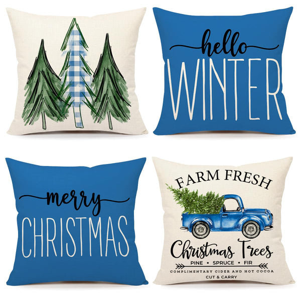 Blue Christmas Pillow Covers 18x18 Set of 4 Farmhouse Xmas Decorations Merry Christmas Tree Truck Hello Winter