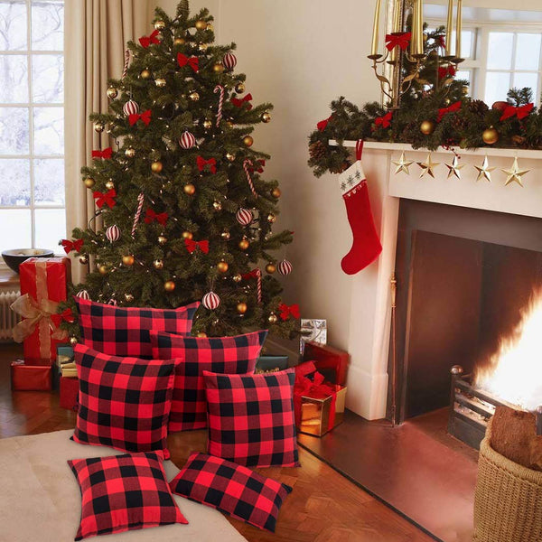 Set of 2 Christmas Buffalo Check Plaid Throw Pillow Covers Red and Black Velvet Cushion Case