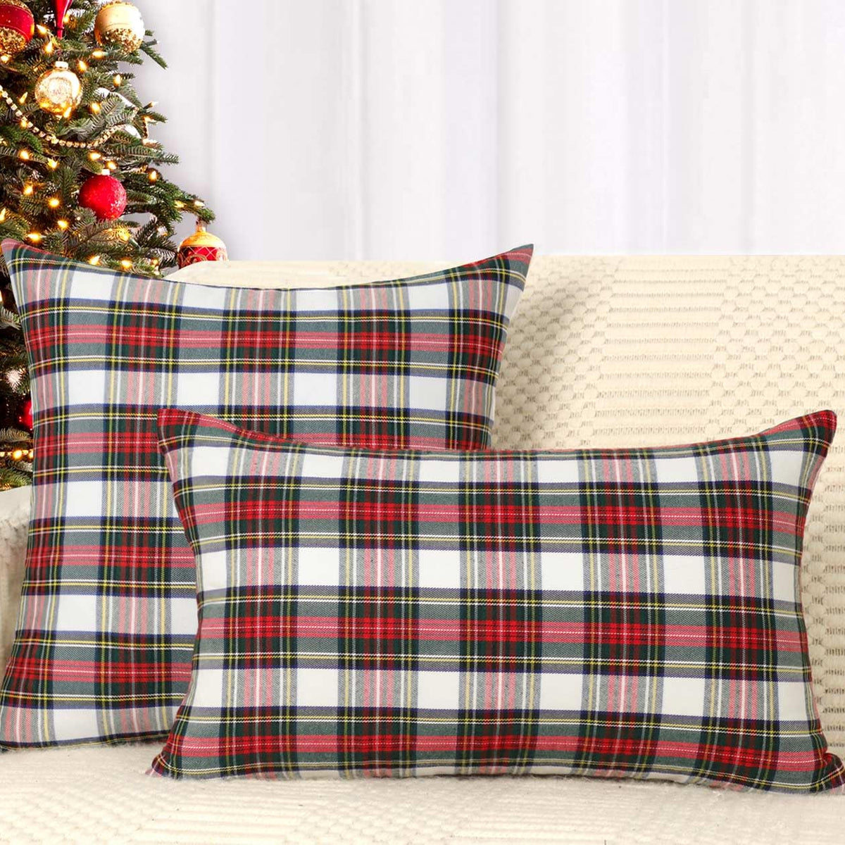 Set of 2 Christmas Scottish Tartan Plaid Throw Pillow Covers Cushion Case for Farmhouse Home Decor Red and White, 18 x 18 Inches
