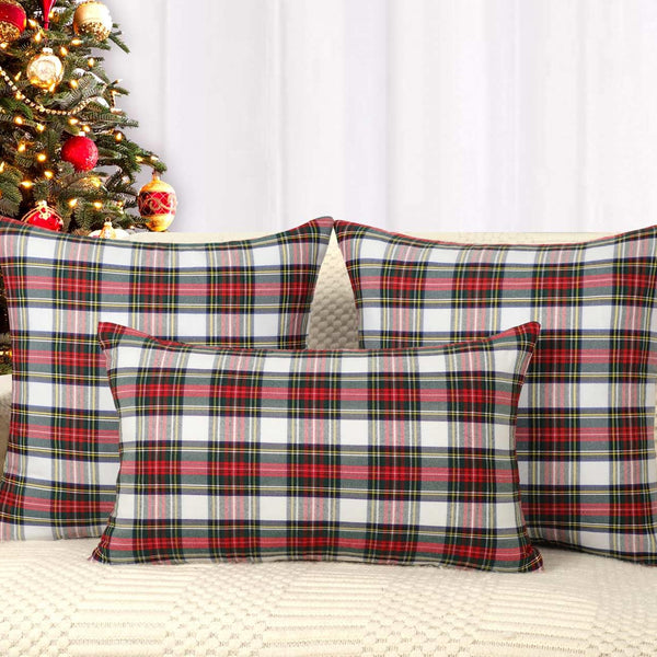Set of 2 Christmas Scottish Tartan Plaid Throw Pillow Covers Cushion Case for Farmhouse Home Decor Red and White, 18 x 18 Inches