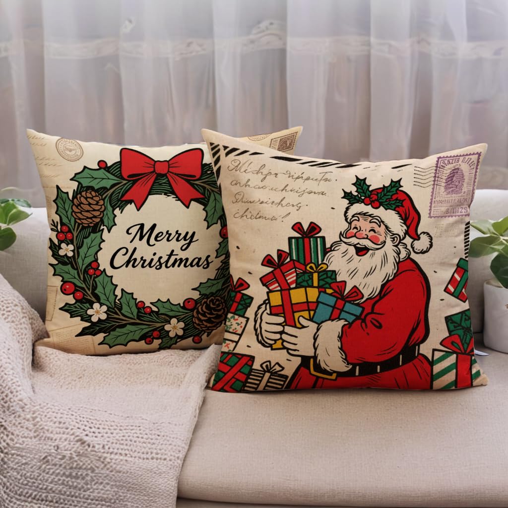 Vintage Christmas Decor Throw Pillow Cover,18x18 Inch Holiday Santa Design with Holly Wreath