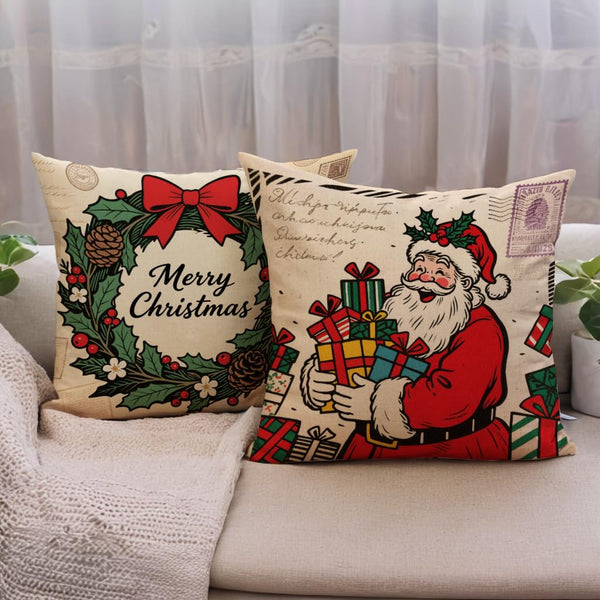 Vintage Christmas Decor Throw Pillow Cover,18x18 Inch Holiday Santa Design with Holly Wreath