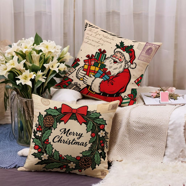 Vintage Christmas Decor Throw Pillow Cover,18x18 Inch Holiday Santa Design with Holly Wreath