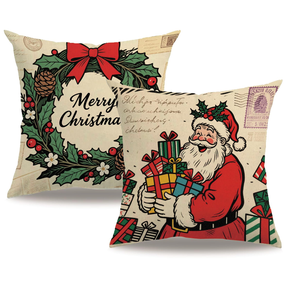 Vintage Christmas Decor Throw Pillow Cover,18x18 Inch Holiday Santa Design with Holly Wreath