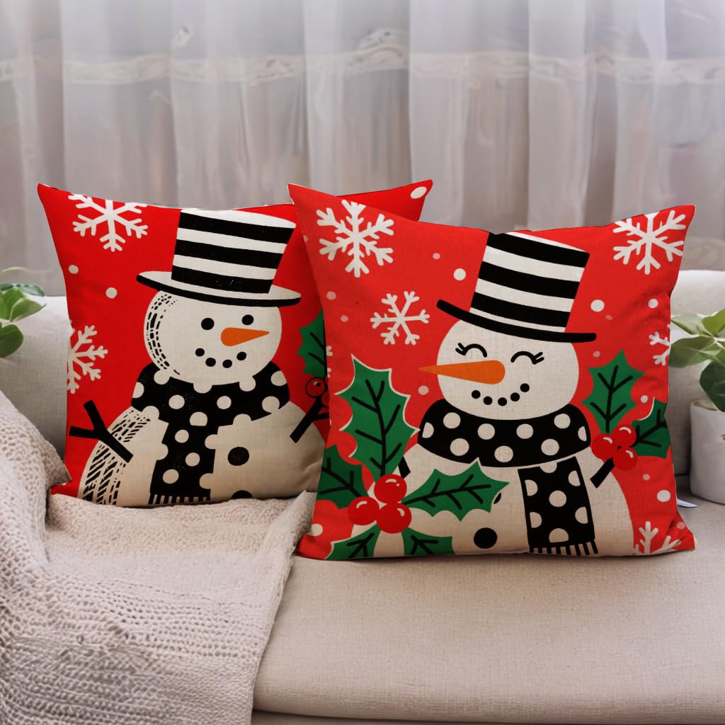Christmas Red Pillow Cover Lovely Snowman Festival Throw Cushion Cover Xmas Snowman