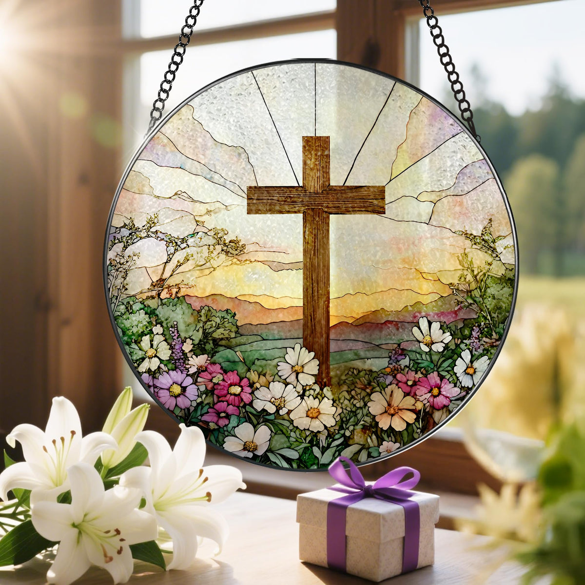 8 Inch Stained Glass Wildflowers Suncatcher Christian Stained Glass Windows Hanging Flower