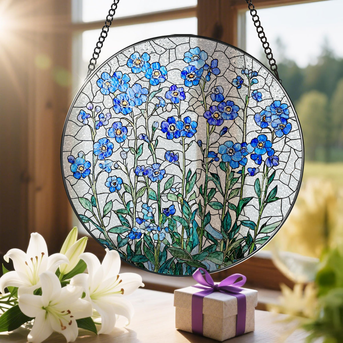 8 Inch Stained Glass Window Hanging, Forget Me Not Flower Stained Glass Suncatcher Wall Art