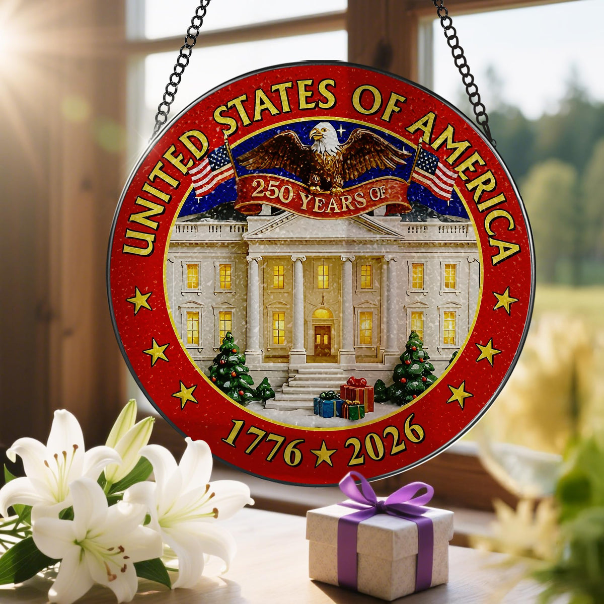 250 Years of America Stained Glass Suncatcher, Stained Glass Window Hanging Decor, 1776-2026
