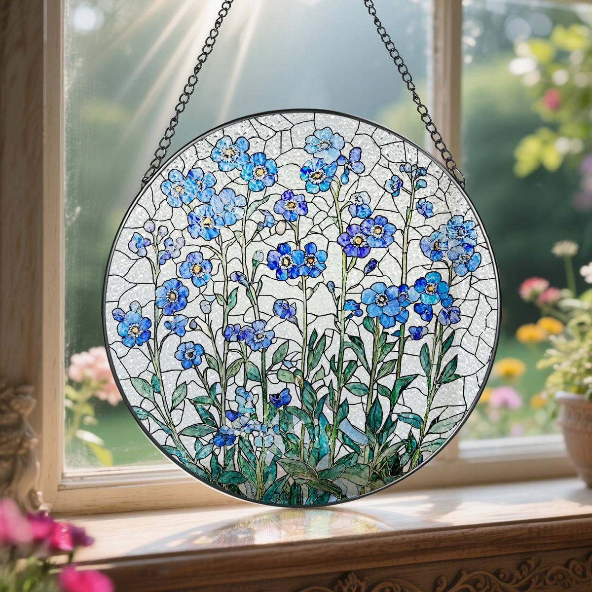 8 Inch Stained Glass Window Hanging, Forget Me Not Flower Stained Glass Suncatcher Wall Art