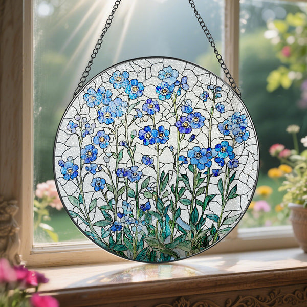 8 Inch Stained Glass Window Hanging, Forget Me Not Flower Stained Glass Suncatcher Wall Art