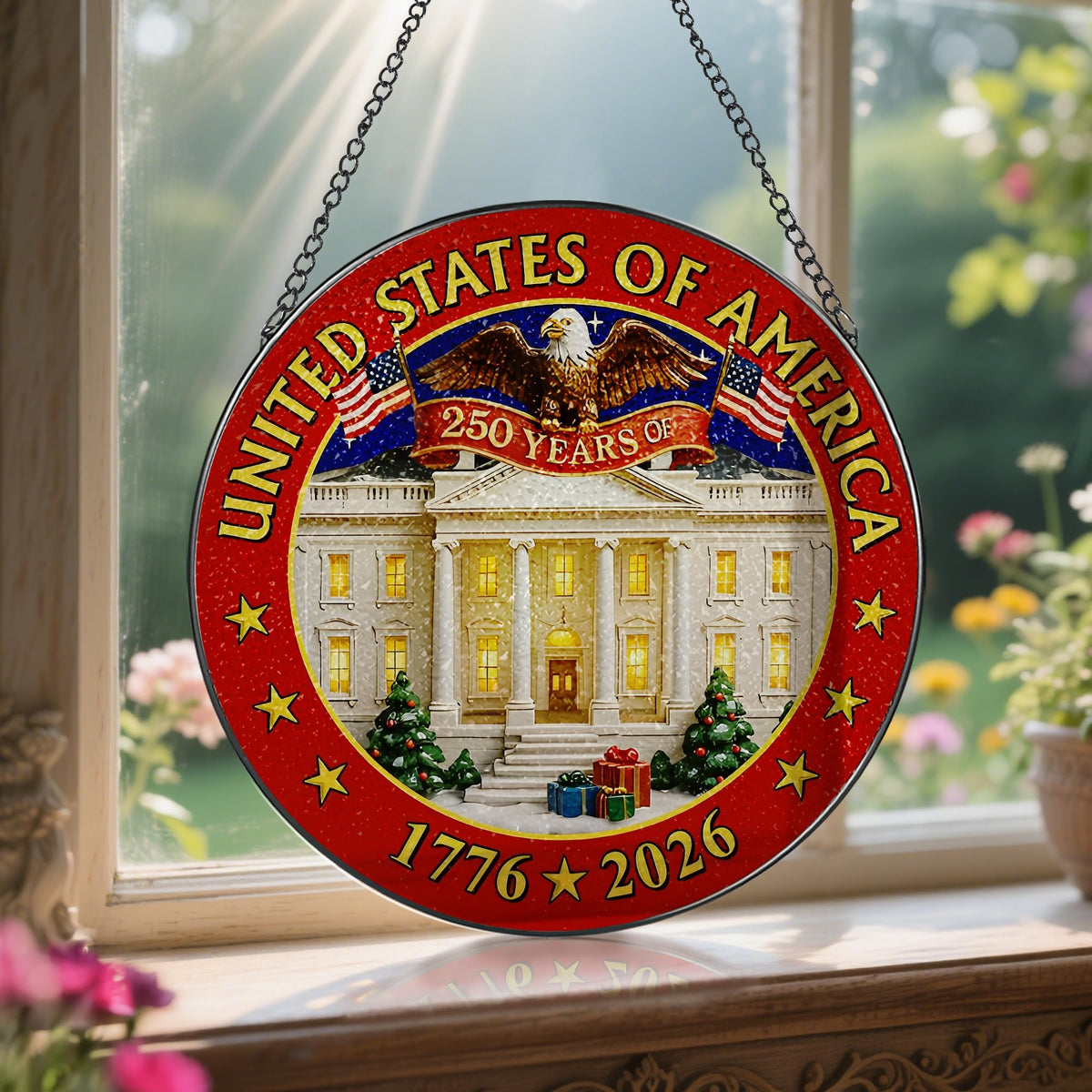 250 Years of America Stained Glass Suncatcher, Stained Glass Window Hanging Decor, 1776-2026