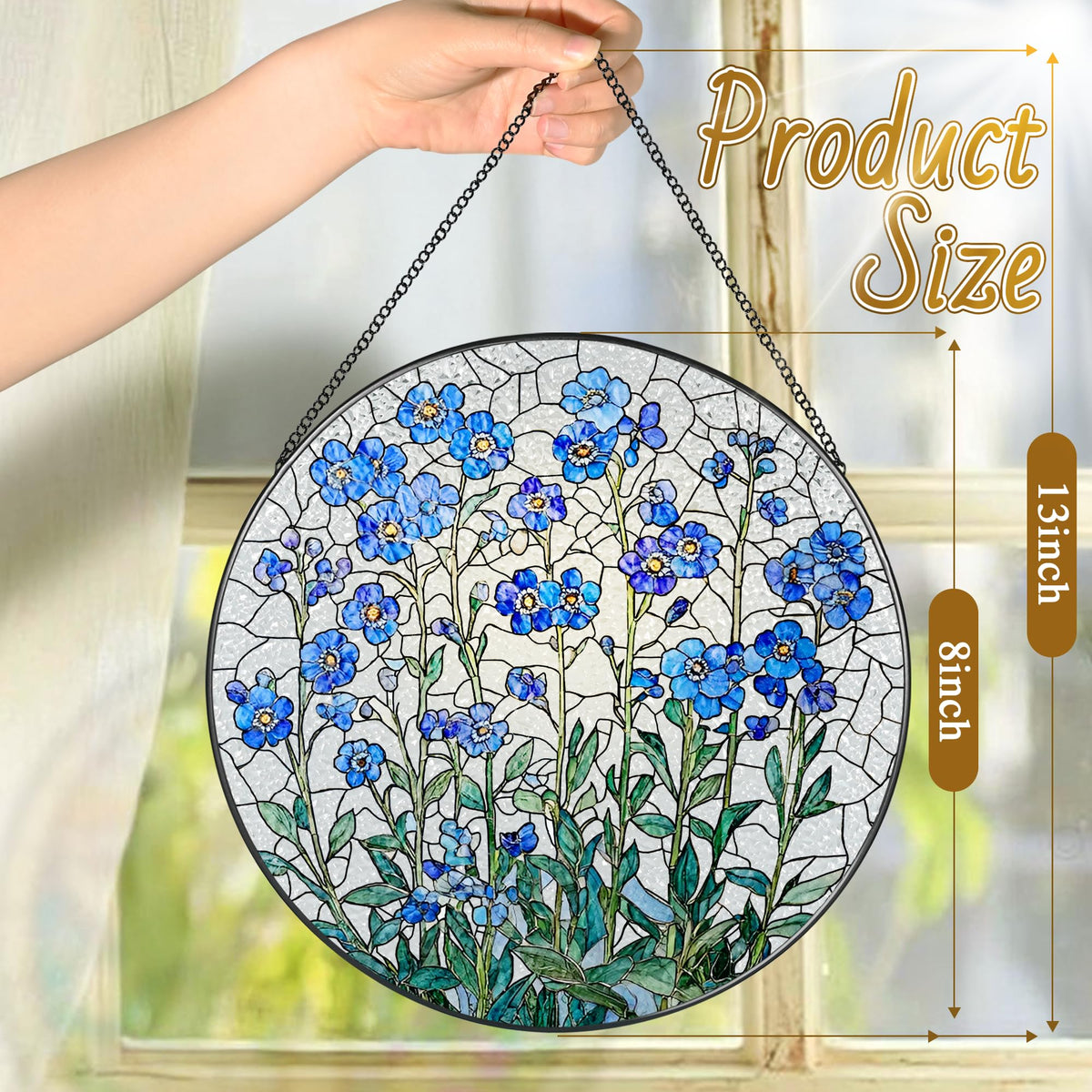 8 Inch Stained Glass Window Hanging, Forget Me Not Flower Stained Glass Suncatcher Wall Art