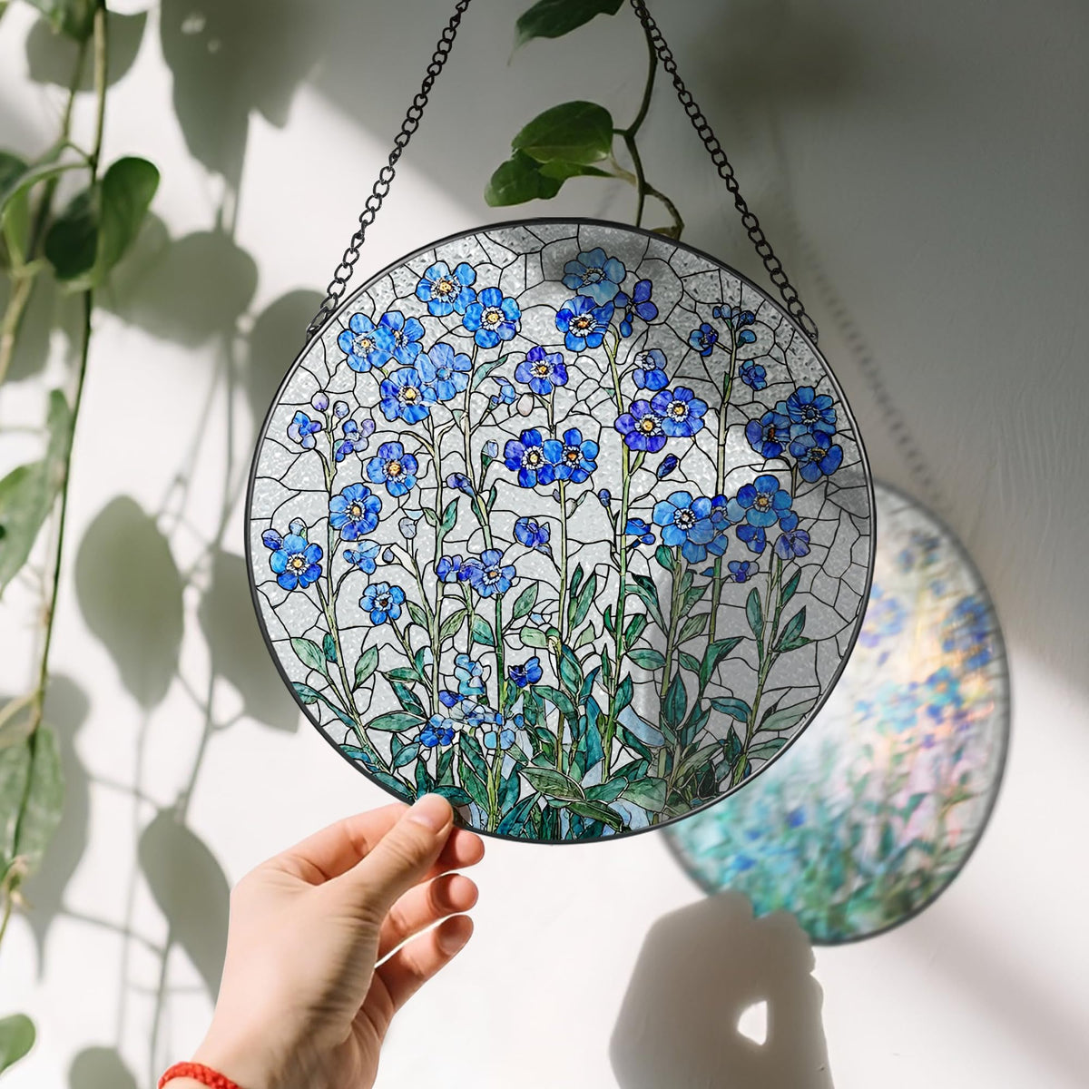 8 Inch Stained Glass Window Hanging, Forget Me Not Flower Stained Glass Suncatcher Wall Art