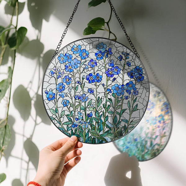 8 Inch Stained Glass Window Hanging, Forget Me Not Flower Stained Glass Suncatcher Wall Art