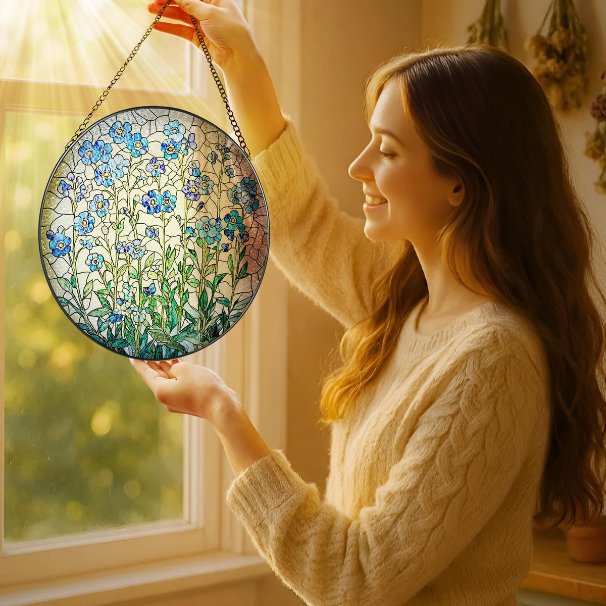 8 Inch Stained Glass Window Hanging, Forget Me Not Flower Stained Glass Suncatcher Wall Art