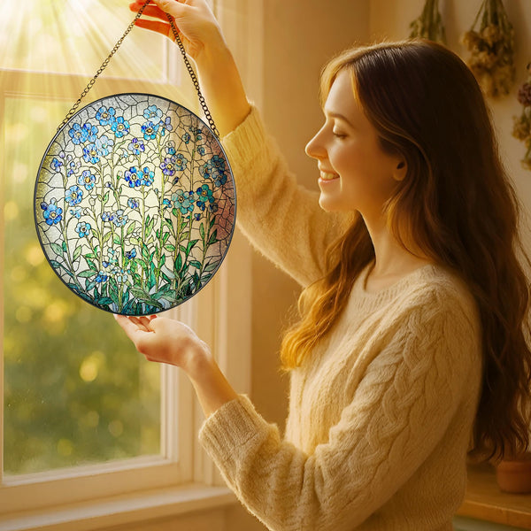 8 Inch Stained Glass Window Hanging, Forget Me Not Flower Stained Glass Suncatcher Wall Art