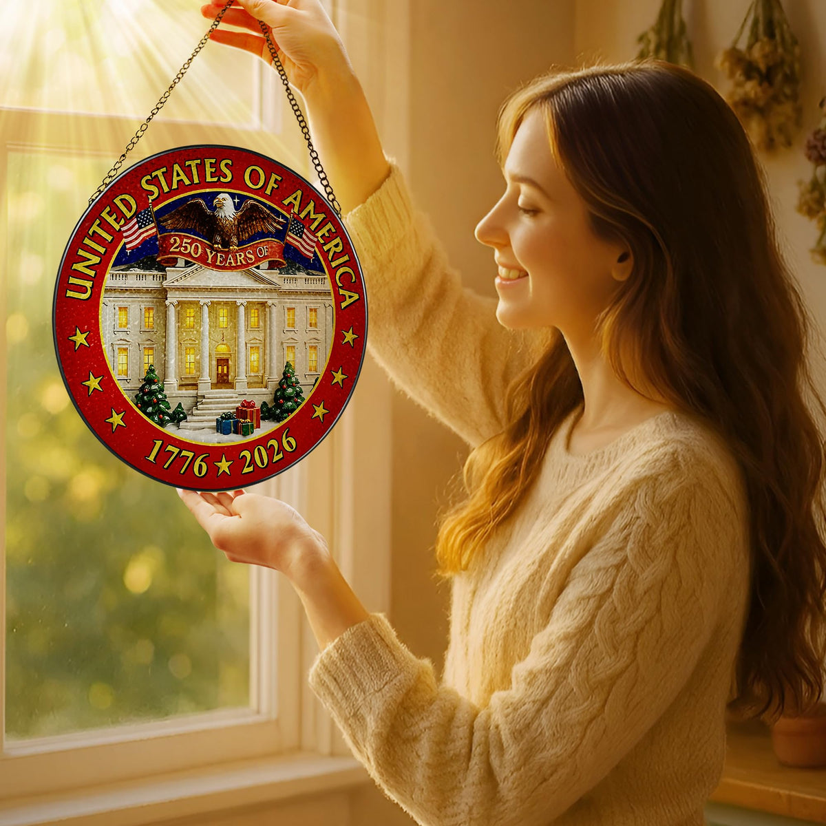 250 Years of America Stained Glass Suncatcher, Stained Glass Window Hanging Decor, 1776-2026