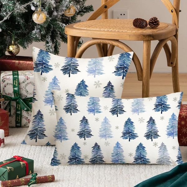 Set of 2 Christmas Pillow Cover 18X18 Inch Christmas Tree Snowflake Decoration Blue