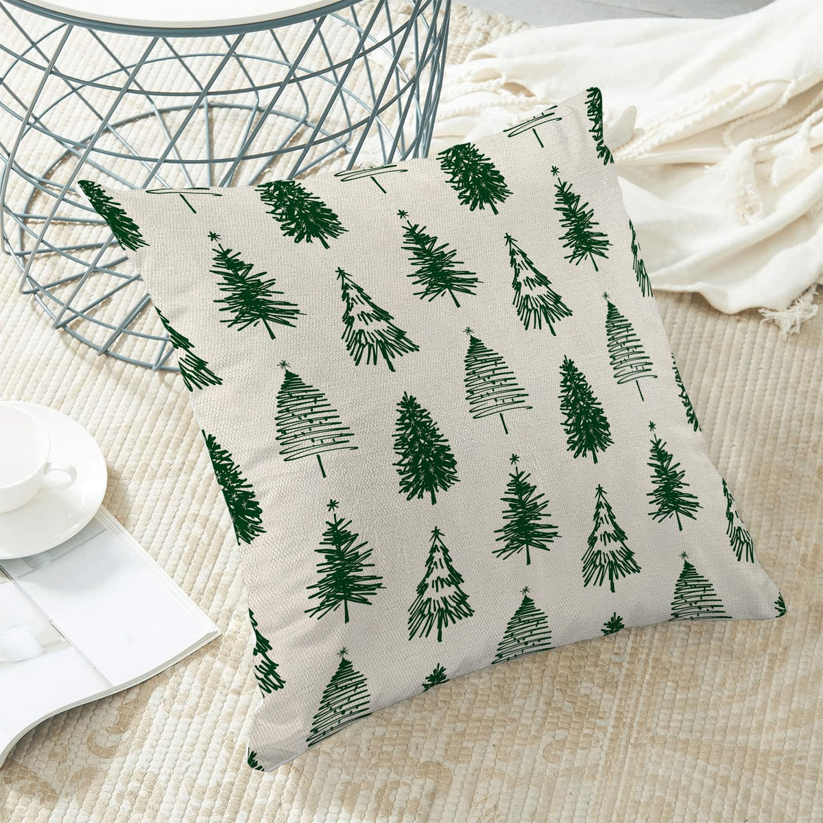 Christmas Pillow Covers 18x18 Inch Set of 2 Green Christmas Trees Throw Pillows Case