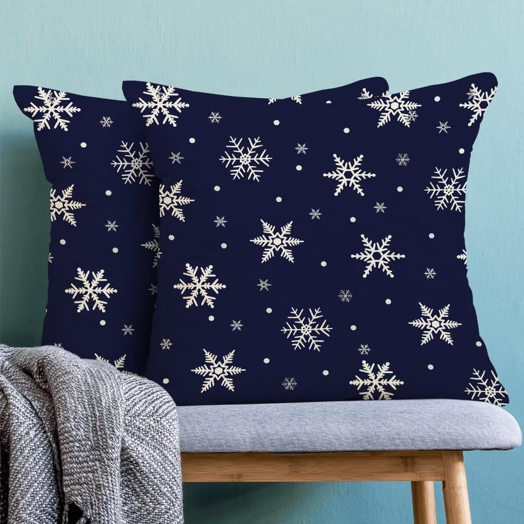 Christmas Pillow Covers 18x18 Inch Set of 2, Navy Blue Snowflakes Decorative Throw Pillow Covers