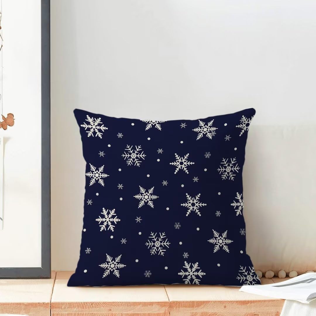 Christmas Pillow Covers 18x18 Inch Set of 2, Navy Blue Snowflakes Decorative Throw Pillow Covers
