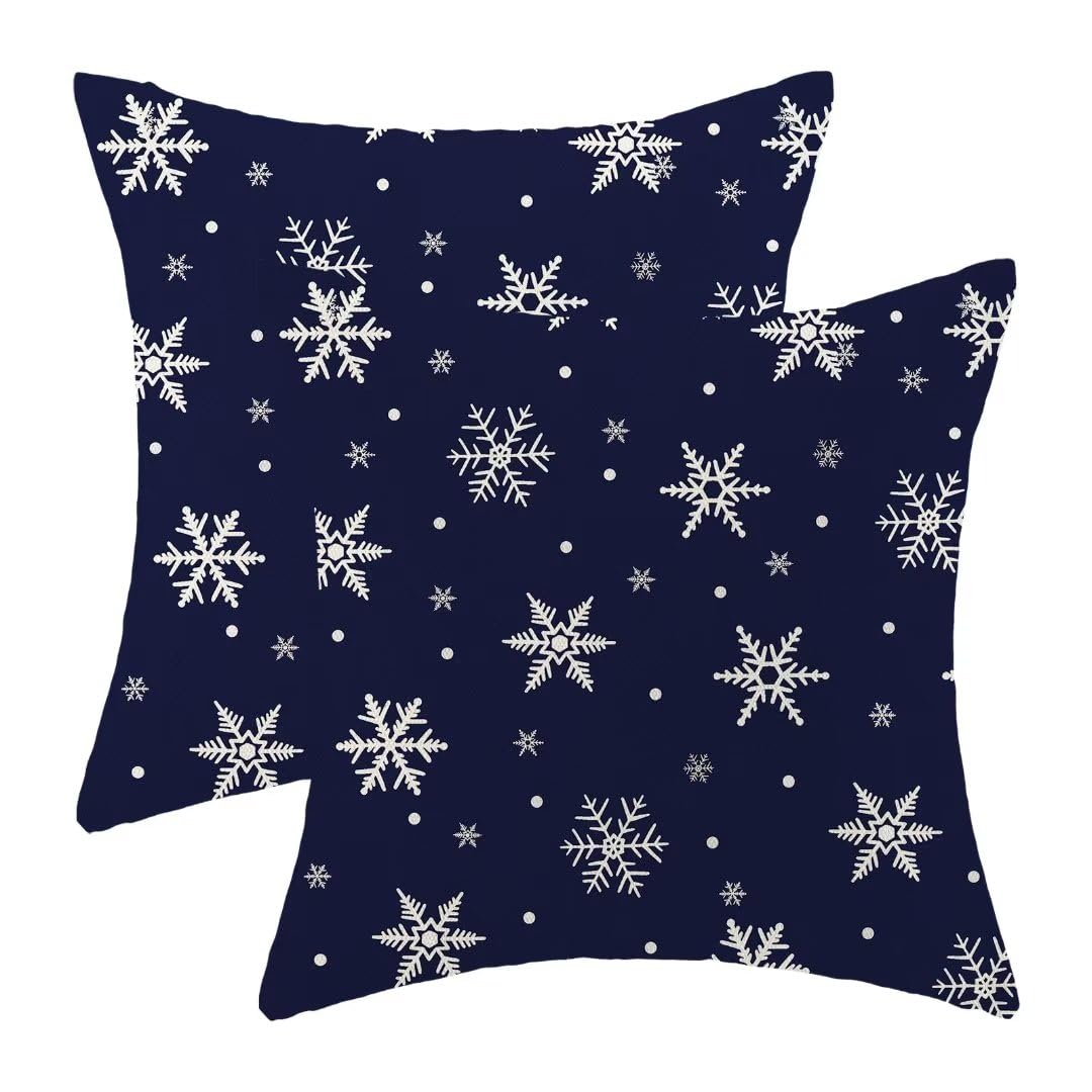 Christmas Pillow Covers 18x18 Inch Set of 2, Navy Blue Snowflakes Decorative Throw Pillow Covers