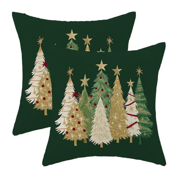 Christmas Pillow Covers 18 x 18 Inch Set of 2, Watercolor Green Christmas Tree Stars Decorative