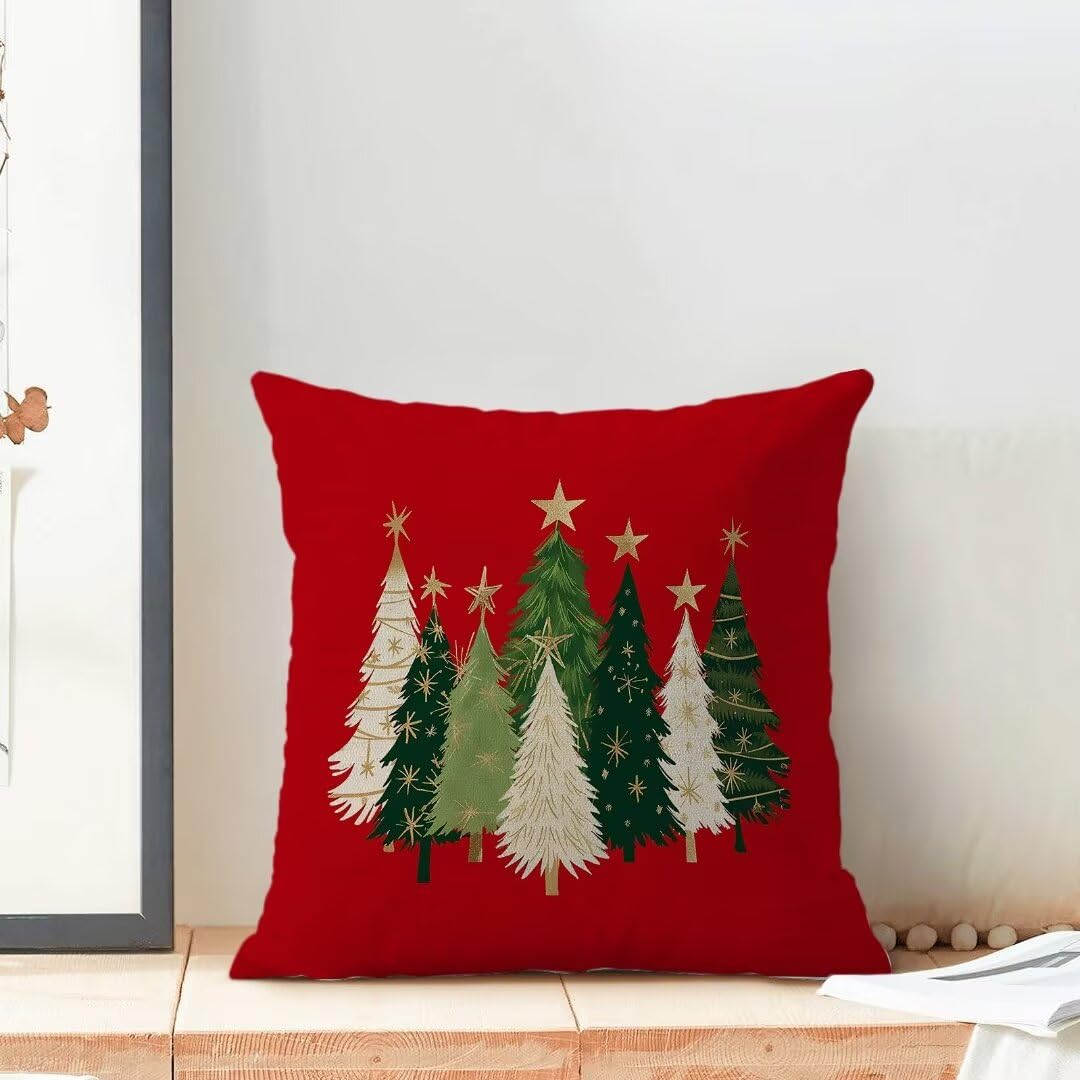 Christmas Pillow Covers 18 x 18 Inch Set of 2, Watercolor Red Christmas Tree Stars Decorative