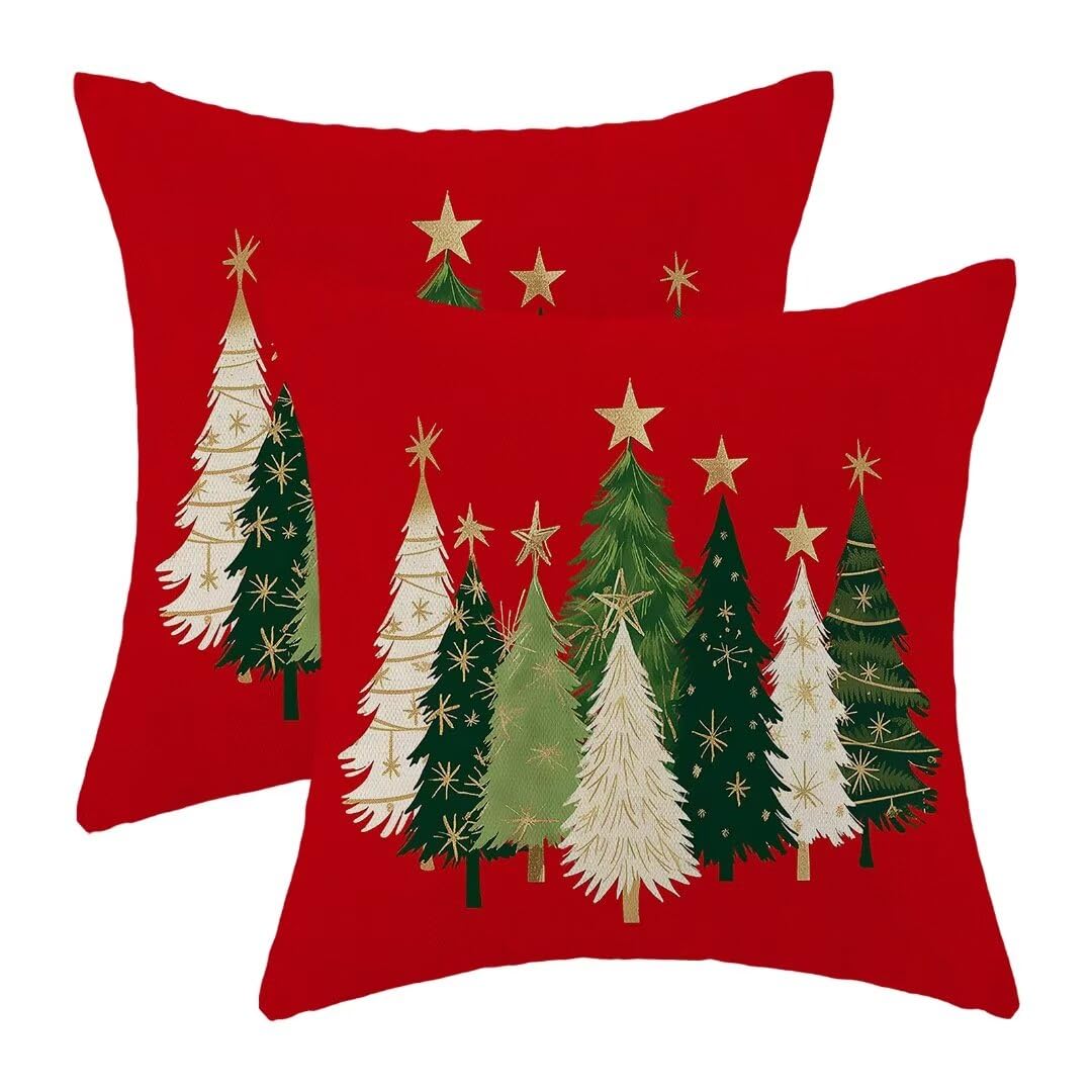 Christmas Pillow Covers 18 x 18 Inch Set of 2, Watercolor Red Christmas Tree Stars Decorative