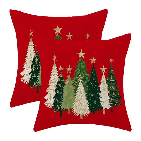 Christmas Pillow Covers 18 x 18 Inch Set of 2, Watercolor Red Christmas Tree Stars Decorative