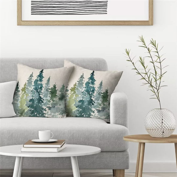 Watercolor Dark Green Tree Pillow Covers 18X18 Set of 2, Nature Themed Christmas Throw Pillow Covers Rustic Forest Pillowcase