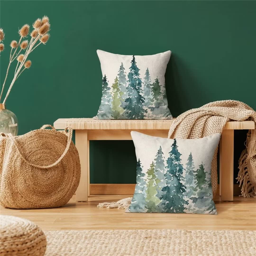 Watercolor Dark Green Tree Pillow Covers 18X18 Set of 2, Nature Themed Christmas Throw Pillow Covers Rustic Forest Pillowcase