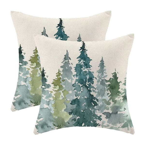 Watercolor Dark Green Tree Pillow Covers 18X18 Set of 2, Nature Themed Christmas Throw Pillow Covers Rustic Forest Pillowcase