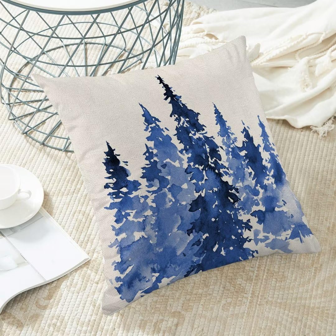 Christmas Pillow Covers 18 X 18 Inch Set of 2, Blue Christmas Trees Decoration Throw Pillow Covers