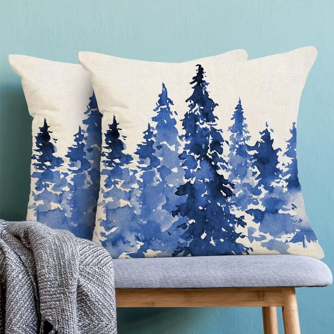 Christmas Pillow Covers 18 X 18 Inch Set of 2, Blue Christmas Trees Decoration Throw Pillow Covers