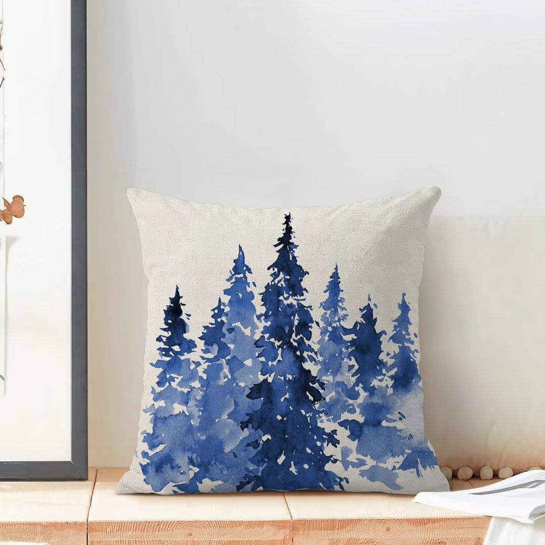 Christmas Pillow Covers 18 X 18 Inch Set of 2, Blue Christmas Trees Decoration Throw Pillow Covers