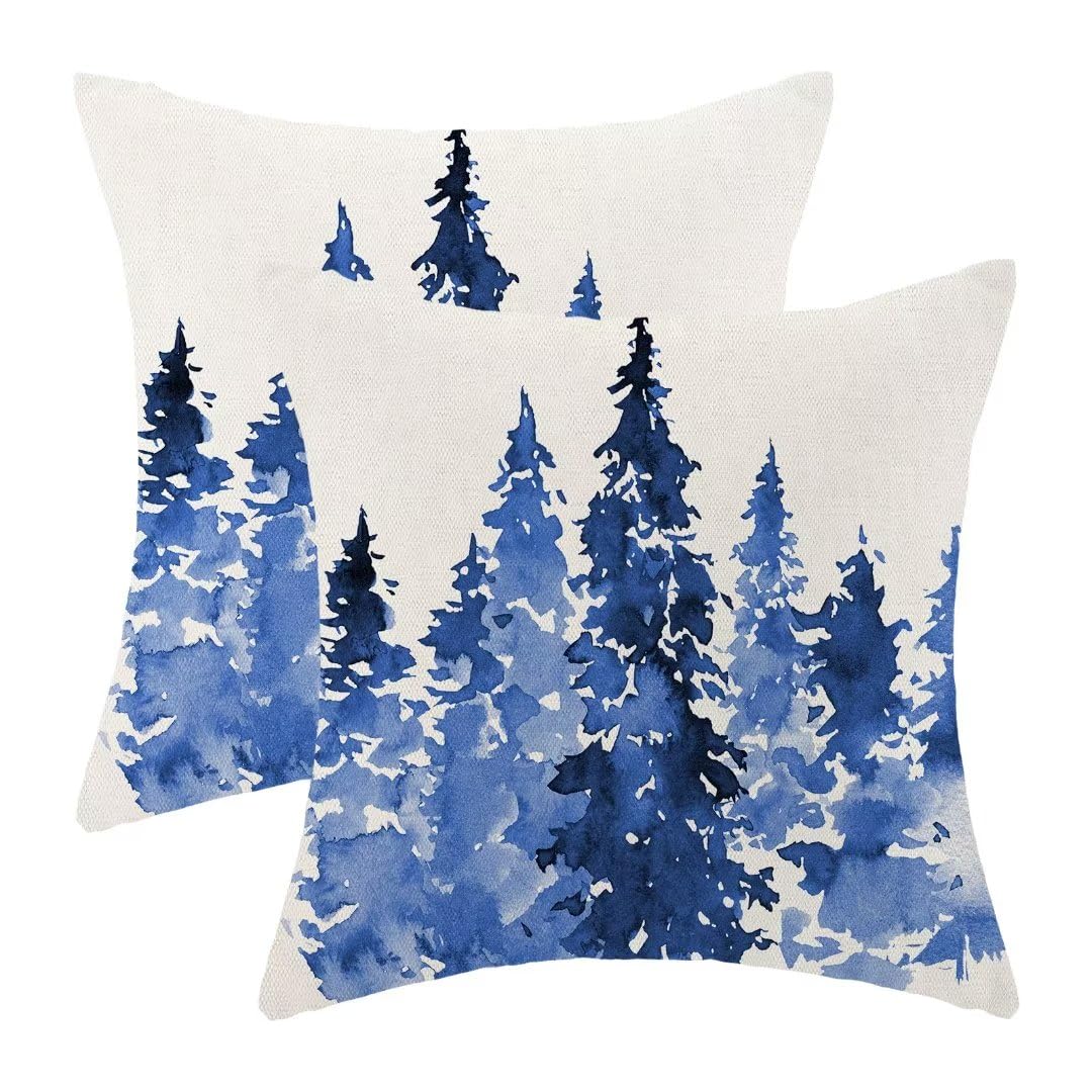 Christmas Pillow Covers 18 X 18 Inch Set of 2, Blue Christmas Trees Decoration Throw Pillow Covers