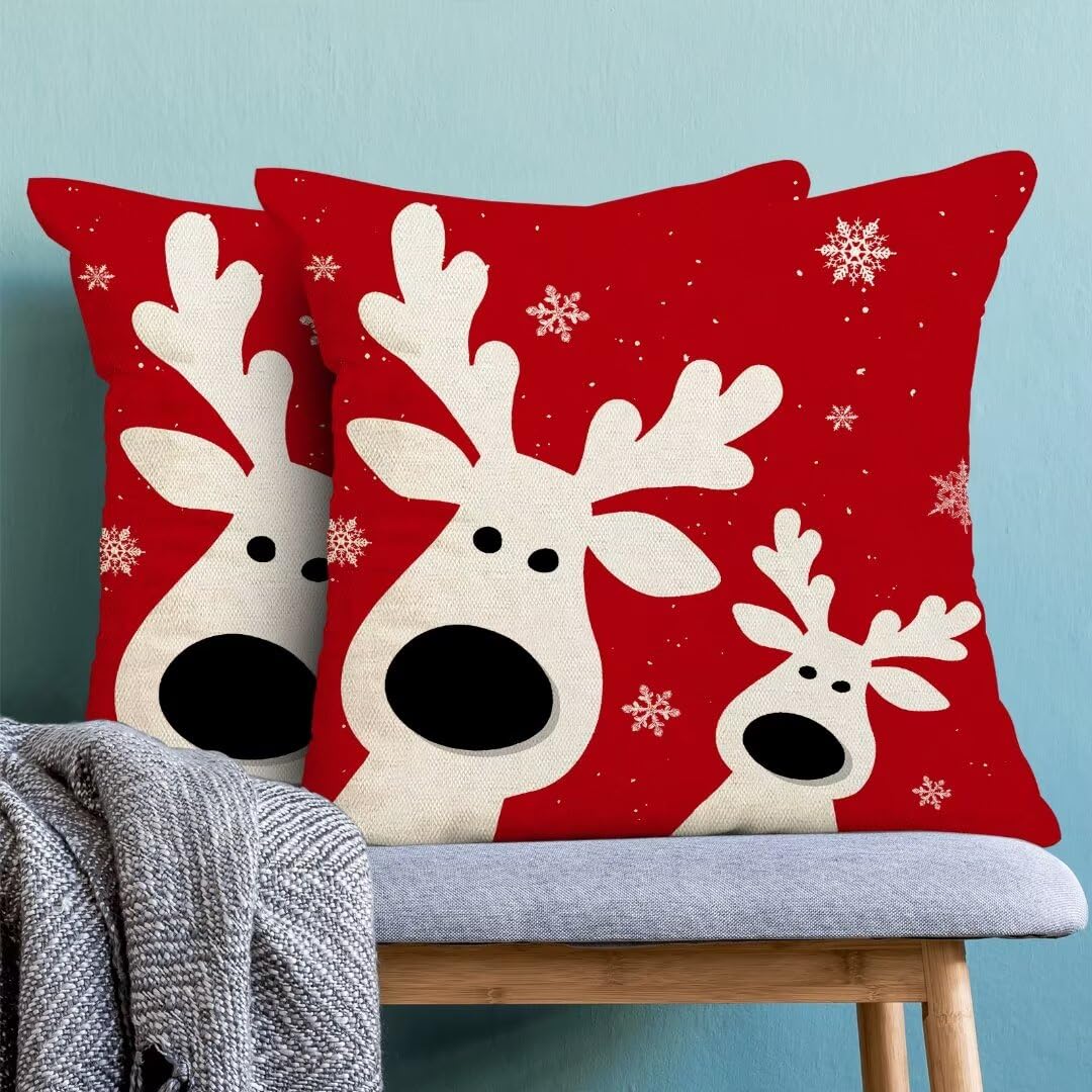 Merry Christmas Pillow Covers 18 x 18 Inch Set of 2, Winter Red Snowflake Deer Decorative Throw Pillow Covers