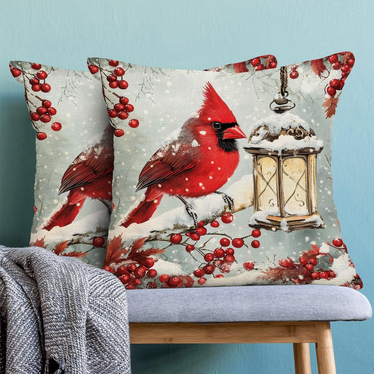 Merry Christmas Red Cardinal Bird Pillow Covers 18x18 Inch Set of 2, Winter Pine Trees