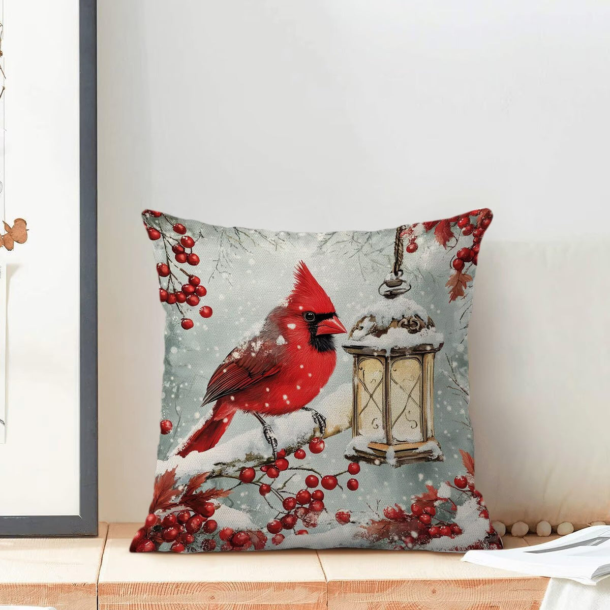 Merry Christmas Red Cardinal Bird Pillow Covers 18x18 Inch Set of 2, Winter Pine Trees