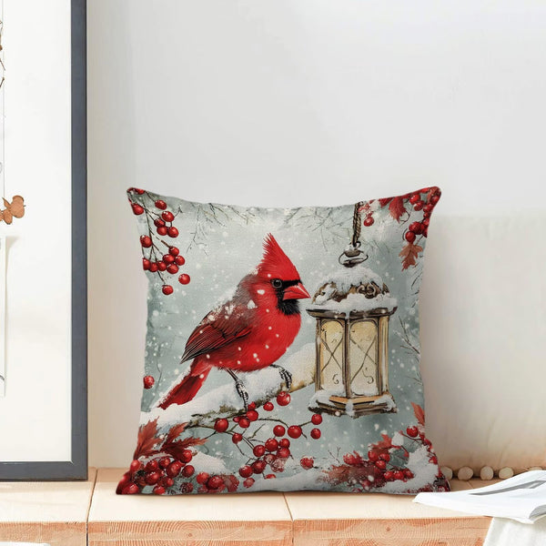 Merry Christmas Red Cardinal Bird Pillow Covers 18x18 Inch Set of 2, Winter Pine Trees