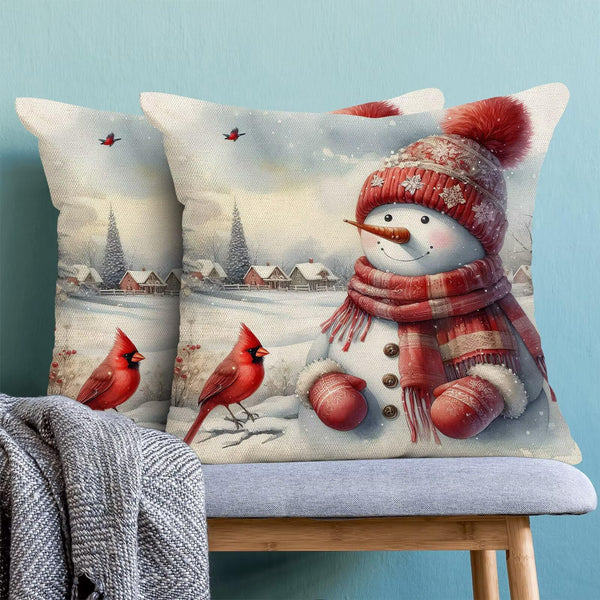 Snowman Pillow Covers 18x18 Inch Set of 2, Christmas Red Cardinal Bird
