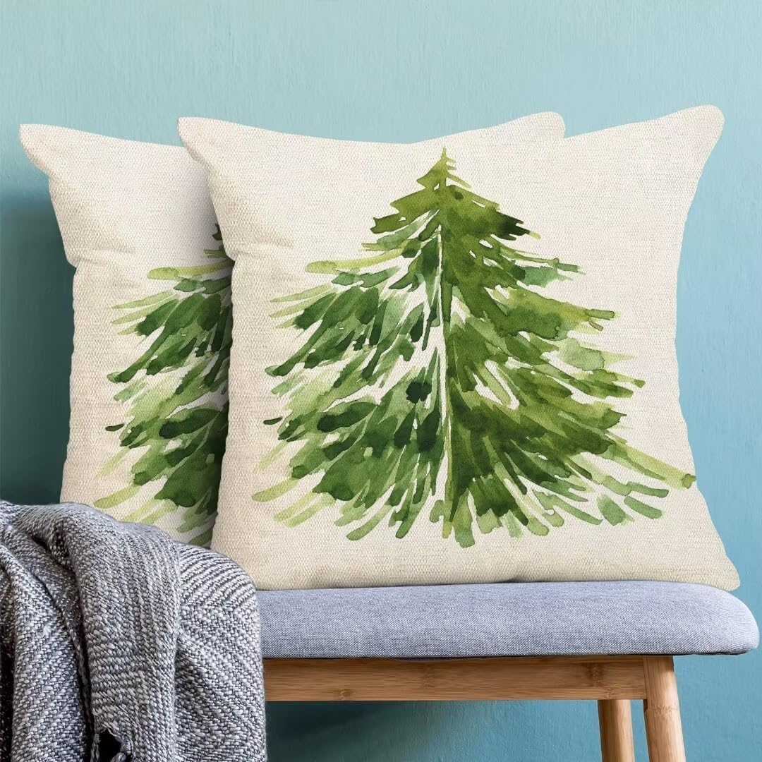Christmas Tree Pillow Covers 18 x 18 Inch Set of 2, Nature Forest Watercolor Green Tree