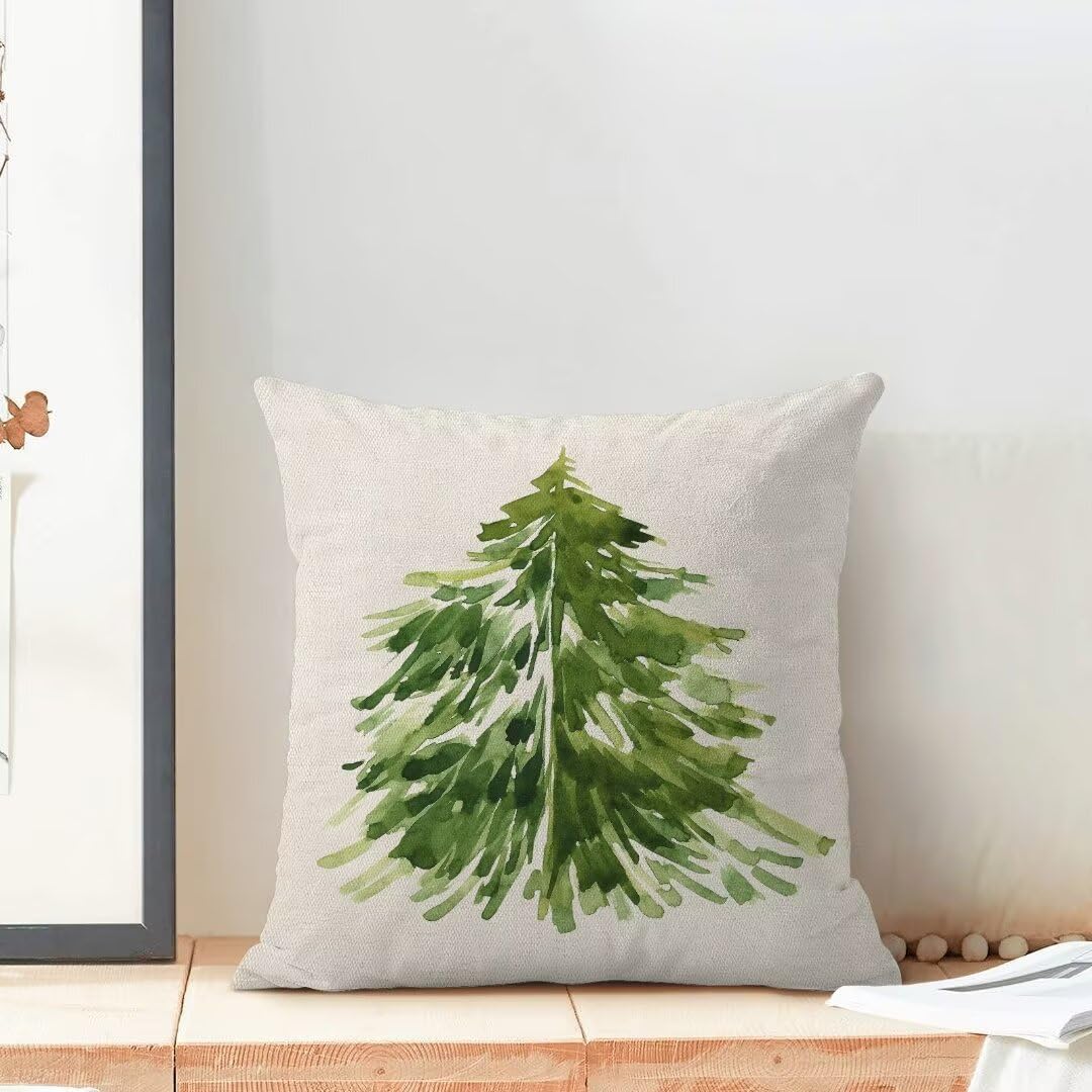 Christmas Tree Pillow Covers 18 x 18 Inch Set of 2, Nature Forest Watercolor Green Tree