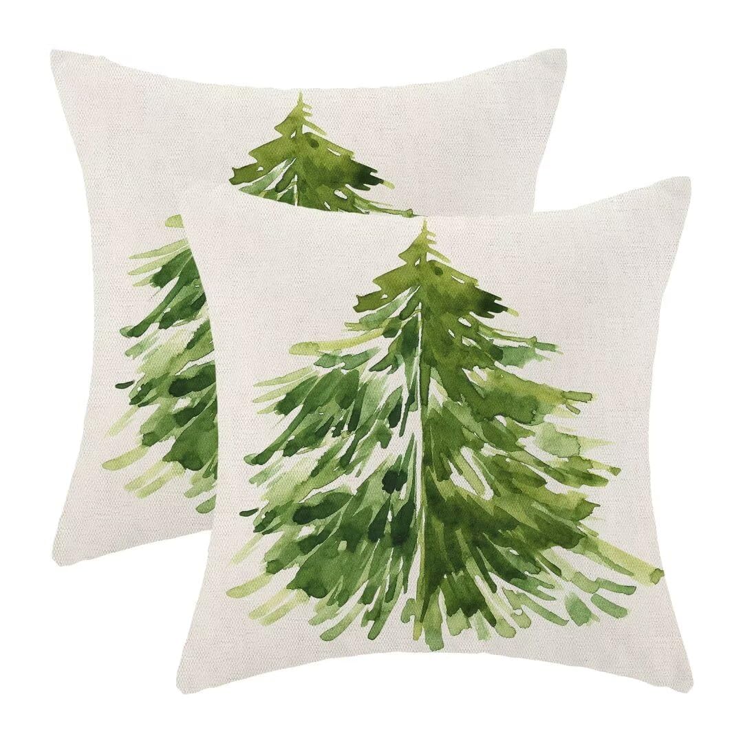 Christmas Tree Pillow Covers 18 x 18 Inch Set of 2, Nature Forest Watercolor Green Tree