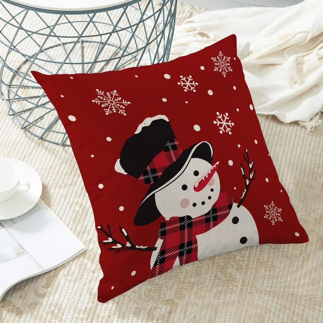 Snowman Christmas Pillow Covers 18x18 Inch Set of 2, Red Background White Snow Snowman