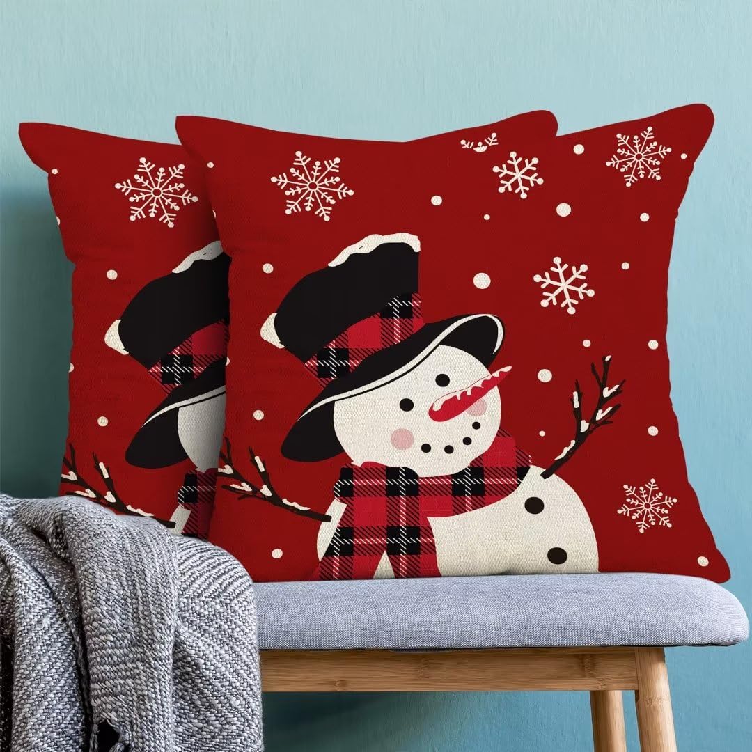 Snowman Christmas Pillow Covers 18x18 Inch Set of 2, Red Background White Snow Snowman