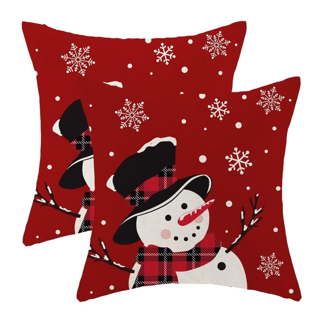 Snowman Christmas Pillow Covers 18x18 Inch Set of 2, Red Background White Snow Snowman